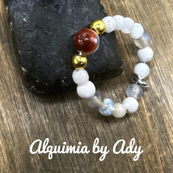 Alquimia Gold and Brown Ring with Unique Bead Design flower agate - Picture 2 of 3